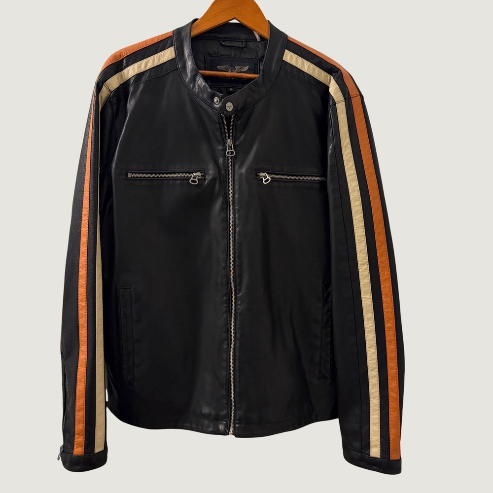 Wilsons Cycle Mens XL Faux Leather Cafe Racer Jacket Black Orange Stripe Moto